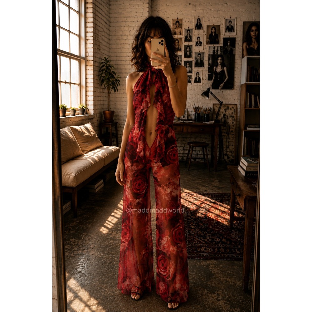 Kim Shui Red Floral Rose Ruffle Halter Open Back Jumpsuit Size Small